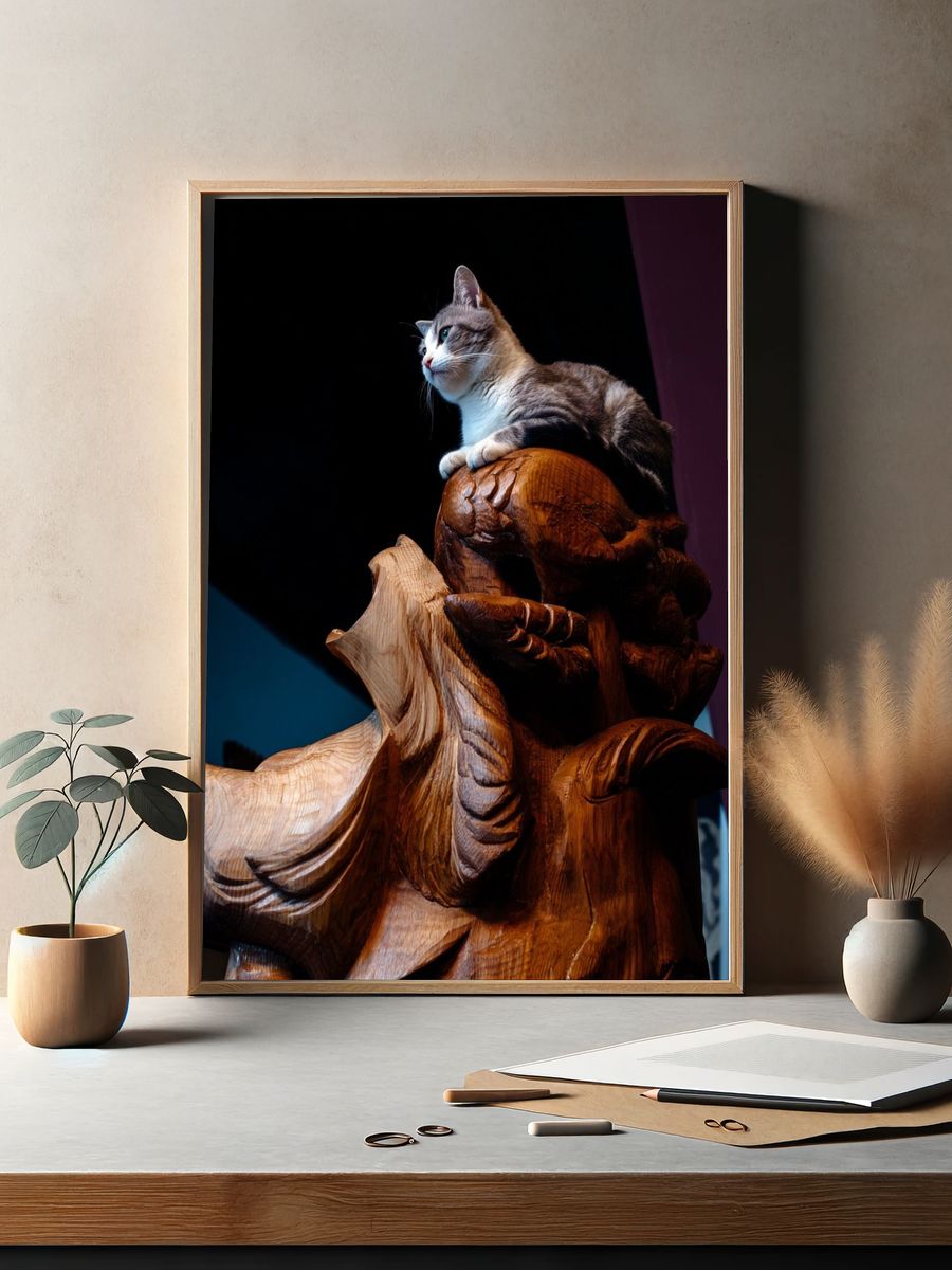 Cat on Carved Wood Photography Poster. — room view 2