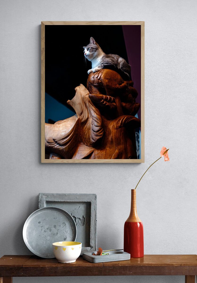 Cat on Carved Wood Photography Poster. — room view 3