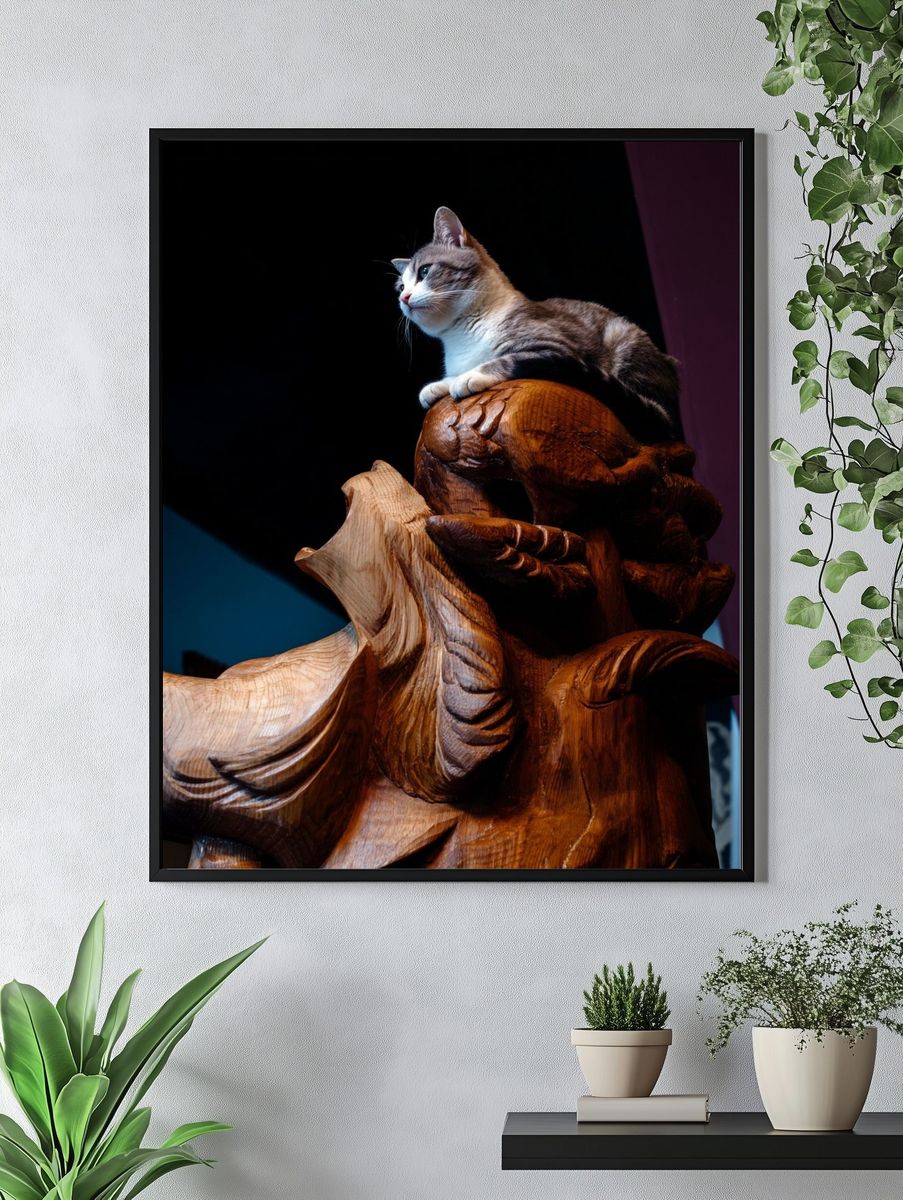Cat on Carved Wood Photography Poster. — room view 4