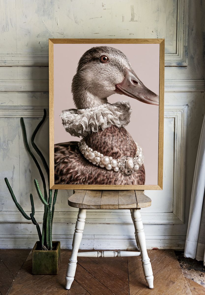Pearl-Adorned Duck Portrait Print. room preview