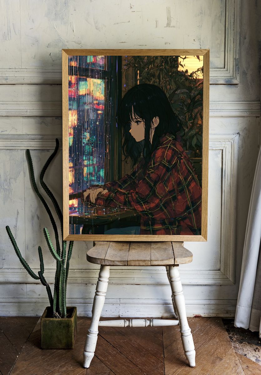 Rainy Window Girl Anime Print. room preview