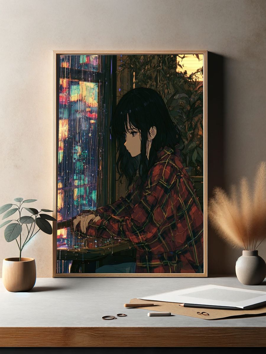 Rainy Window Girl Anime Print. — room view 2