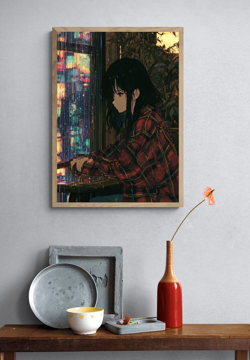 Rainy Window Girl Anime Print. — room view 3