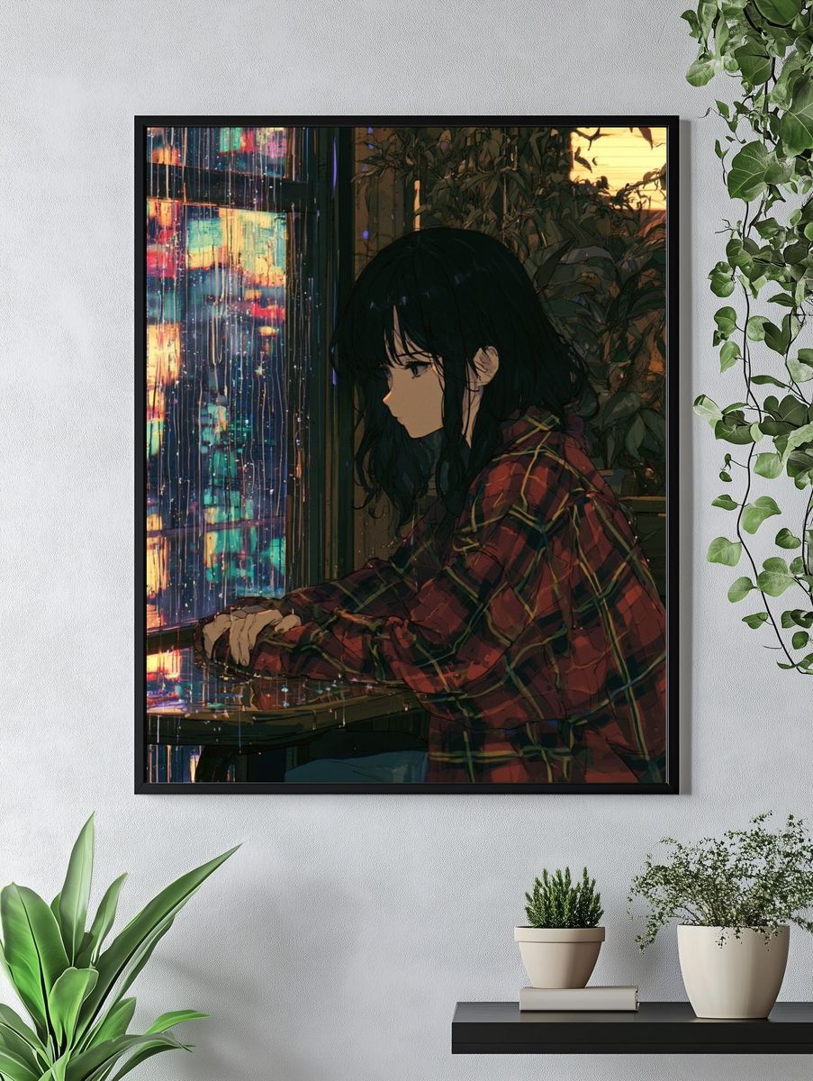 Rainy Window Girl Anime Print. — room view 4