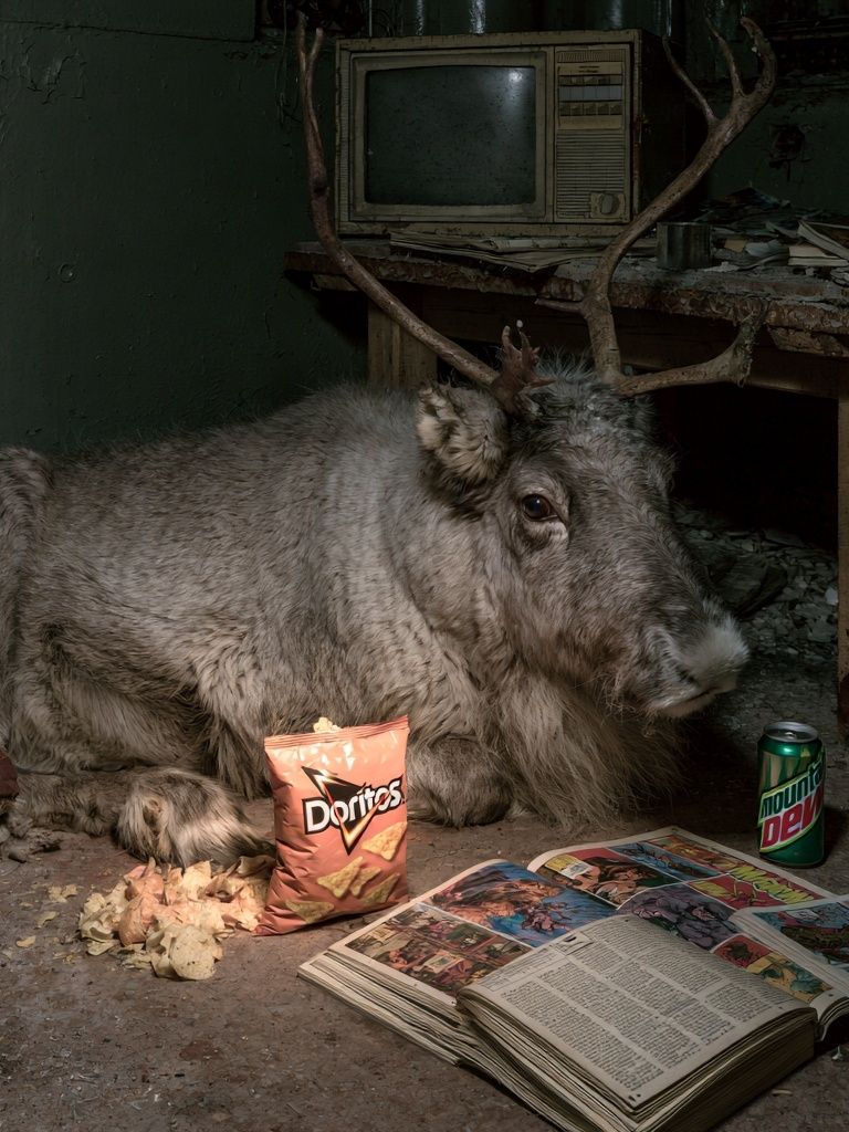 Reindeer in Abandoned Room Print. poster — animals art