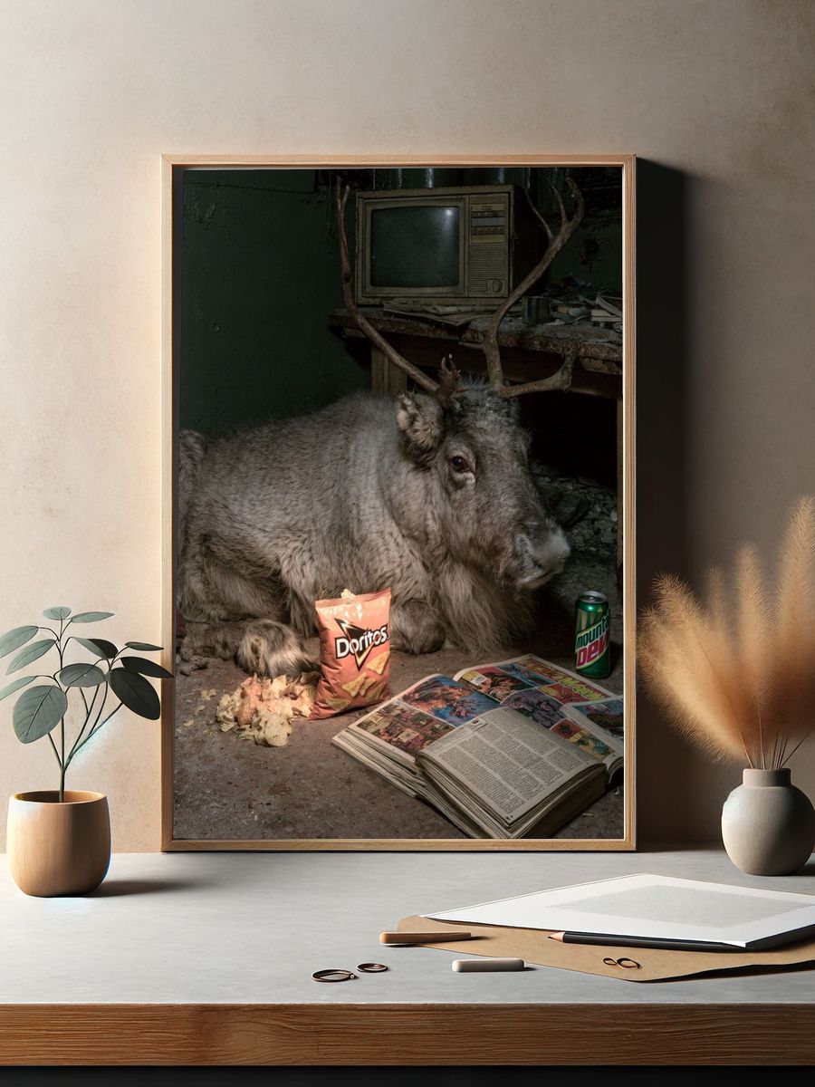 Reindeer in Abandoned Room Print. — room view 2