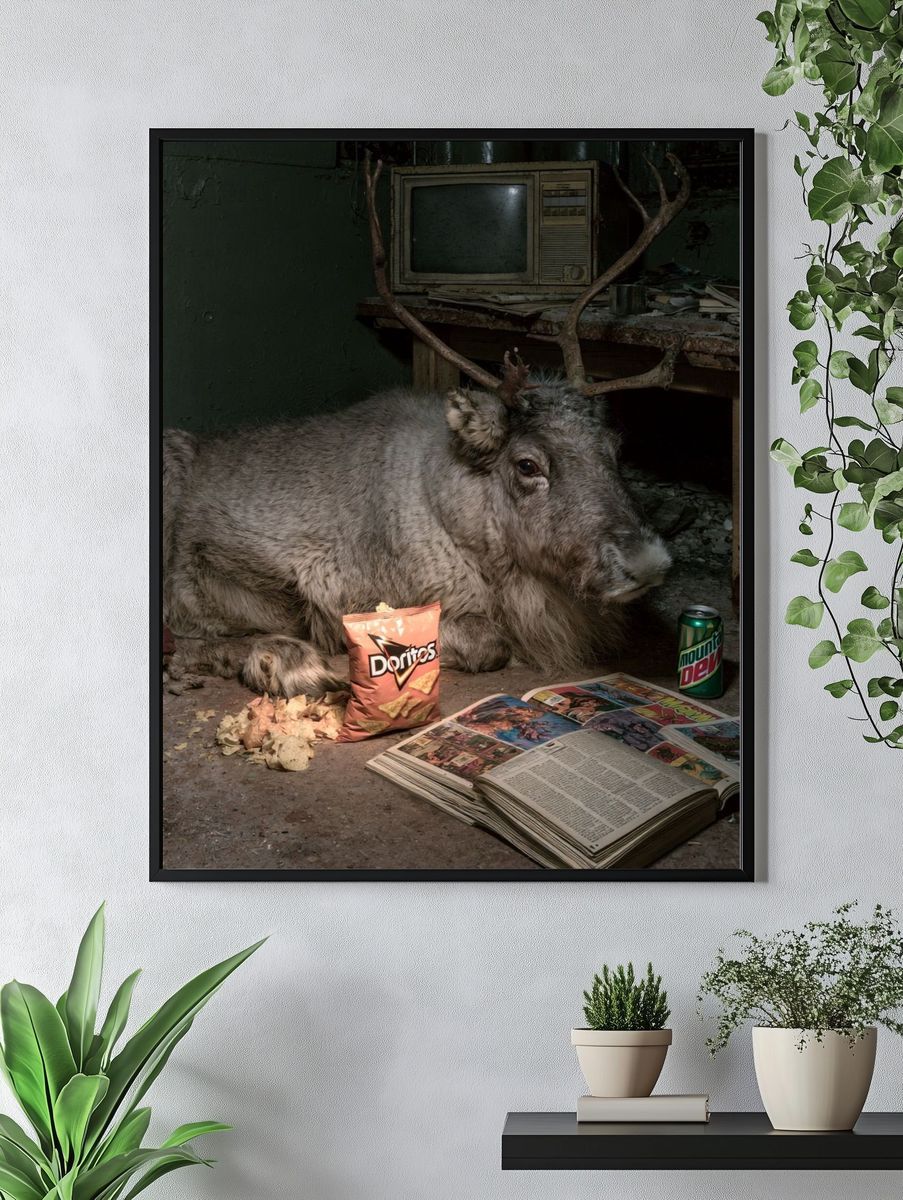 Reindeer in Abandoned Room Print. — room view 4