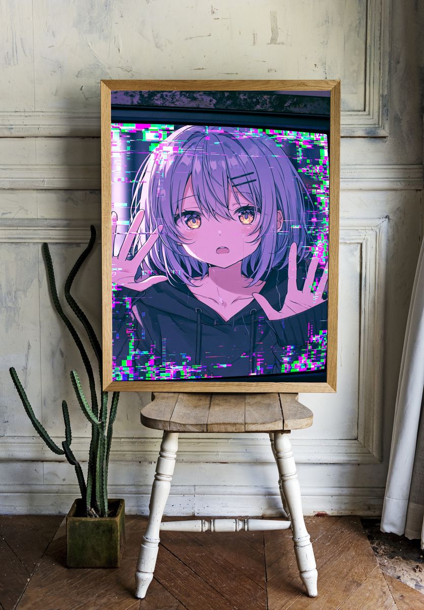 Glitch Anime Girl Digital Art Poster. room preview
