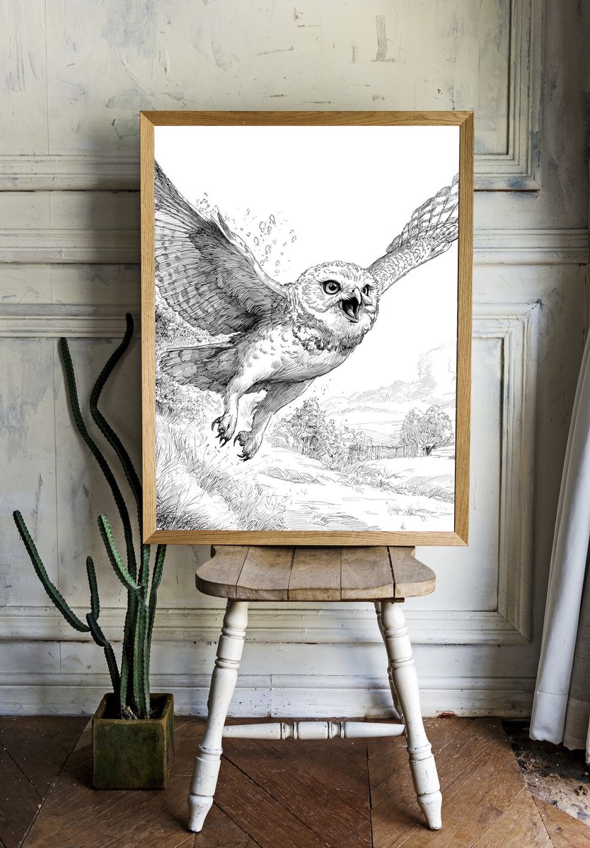 Flying Owl Ink Illustration Poster. — room view 1
