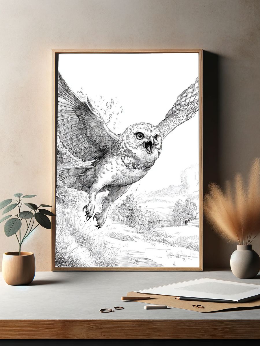 Flying Owl Ink Illustration Poster. — room view 2