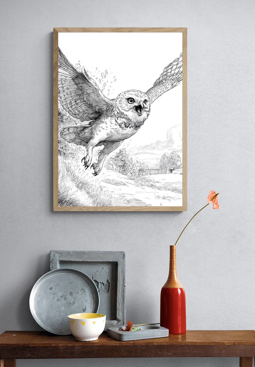 Flying Owl Ink Illustration Poster. — room view 3