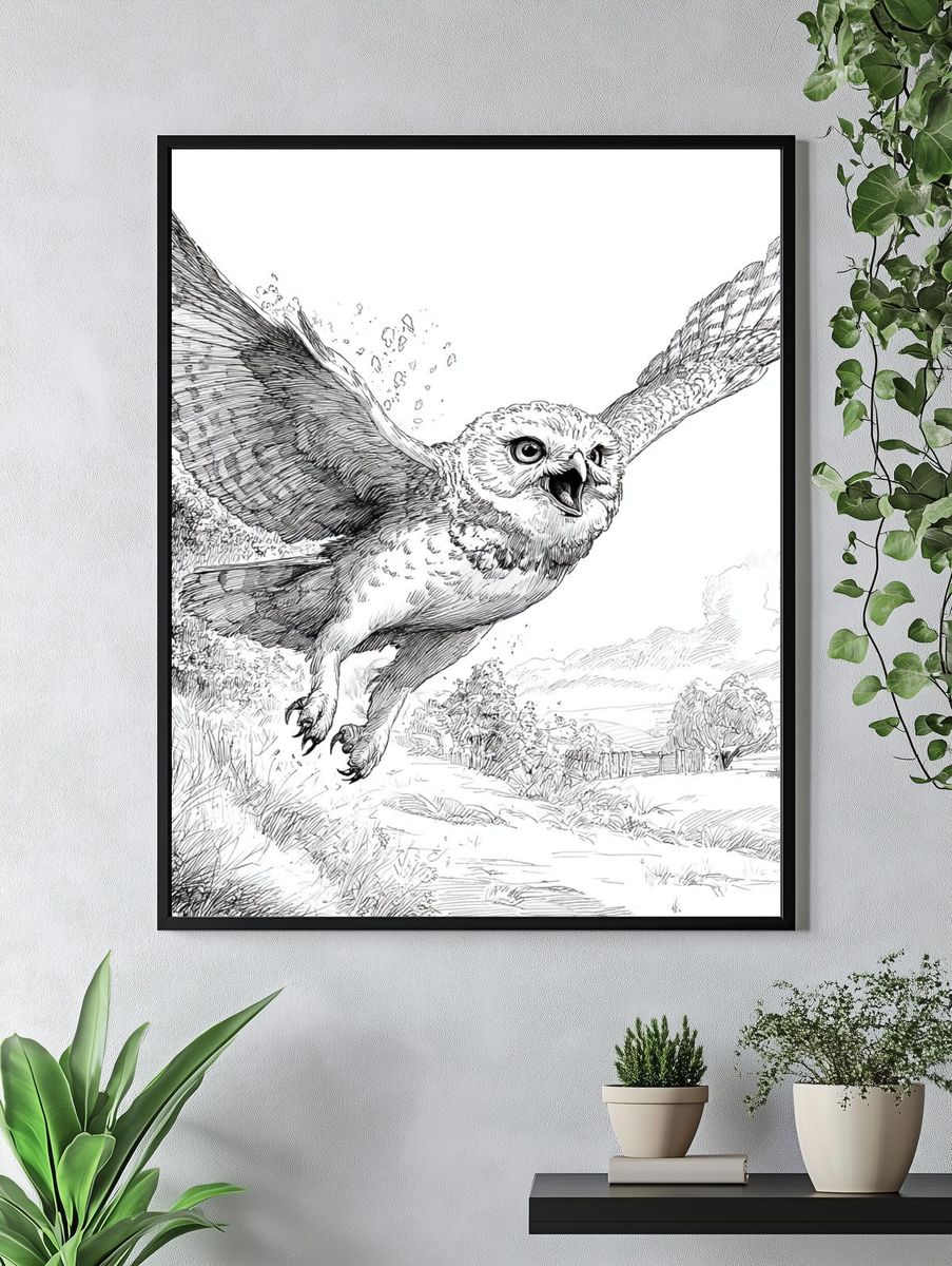 Flying Owl Ink Illustration Poster. — room view 4