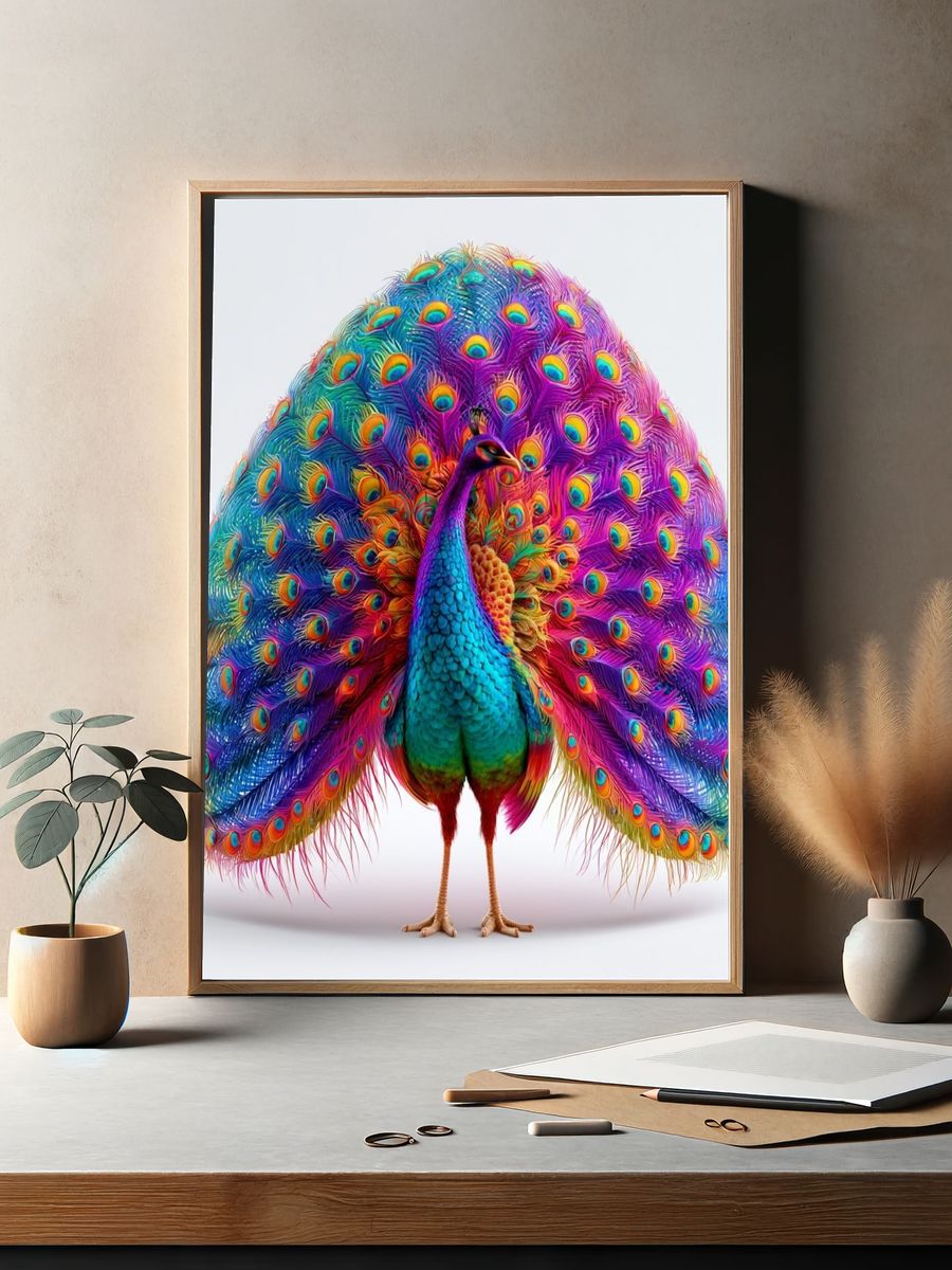Rainbow Peacock Illustration Poster. — room view 2