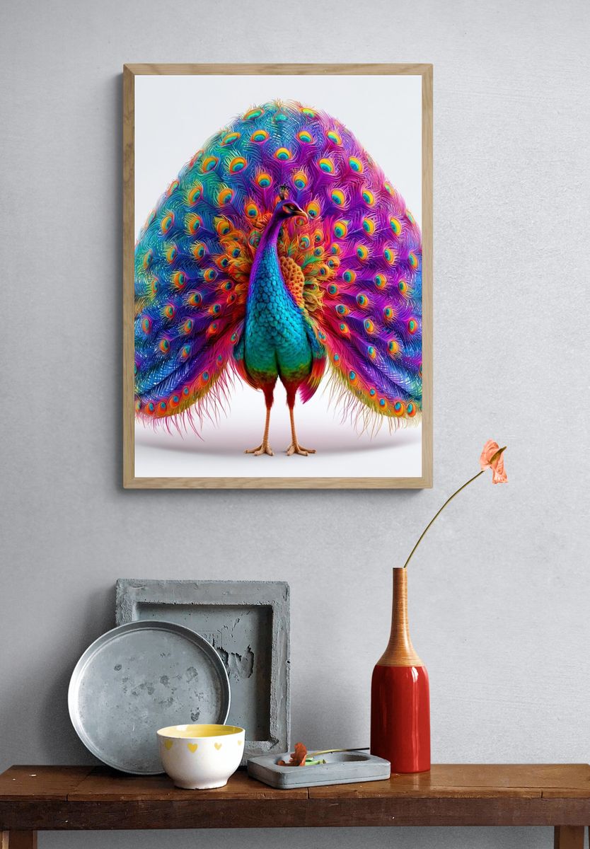 Rainbow Peacock Illustration Poster. — room view 3