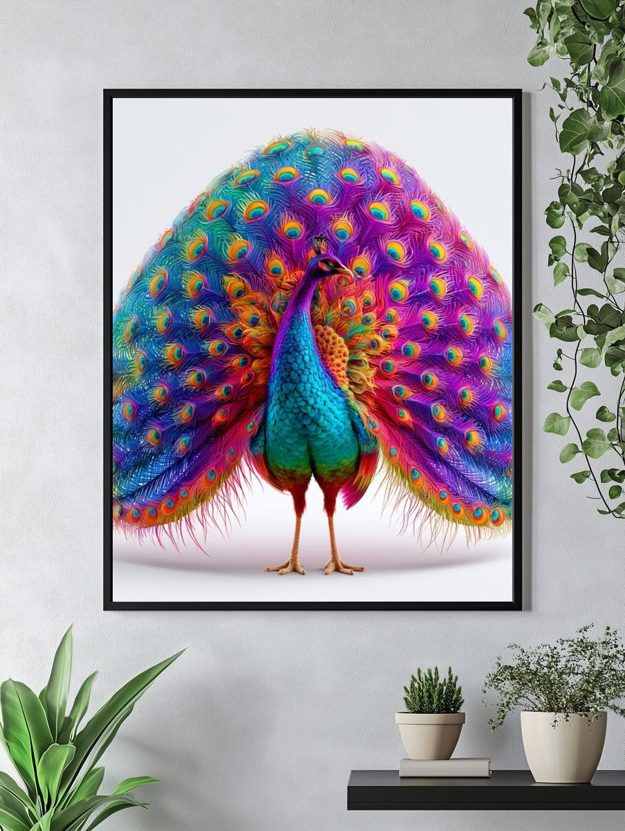 Rainbow Peacock Illustration Poster. — room view 4