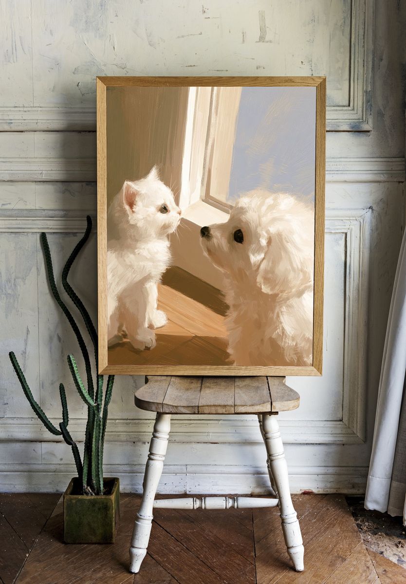 White Cat and Dog Portrait Print. room preview