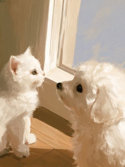 White Cat and Dog Portrait Print. poster
