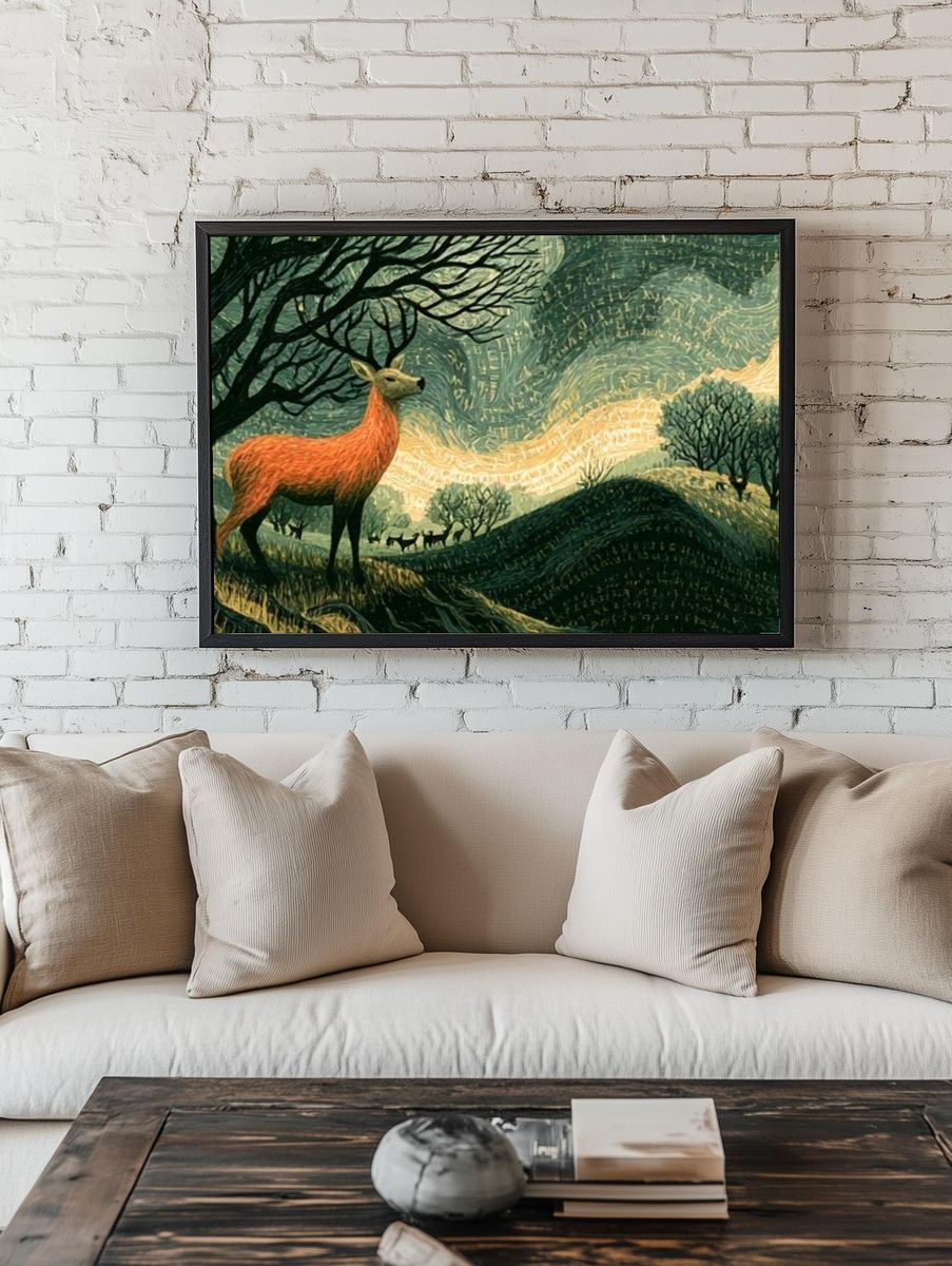 Deer at Dusk Illustration Poster. — room view 1