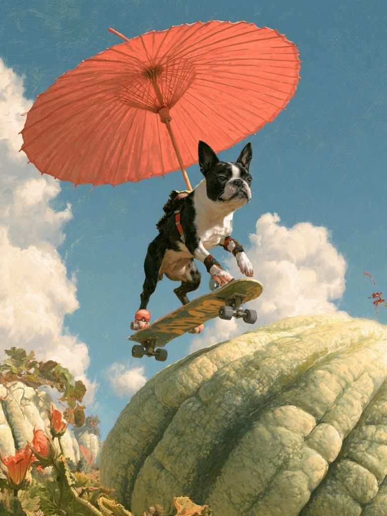 Skateboarding Bulldog Surreal Print. poster — animals art