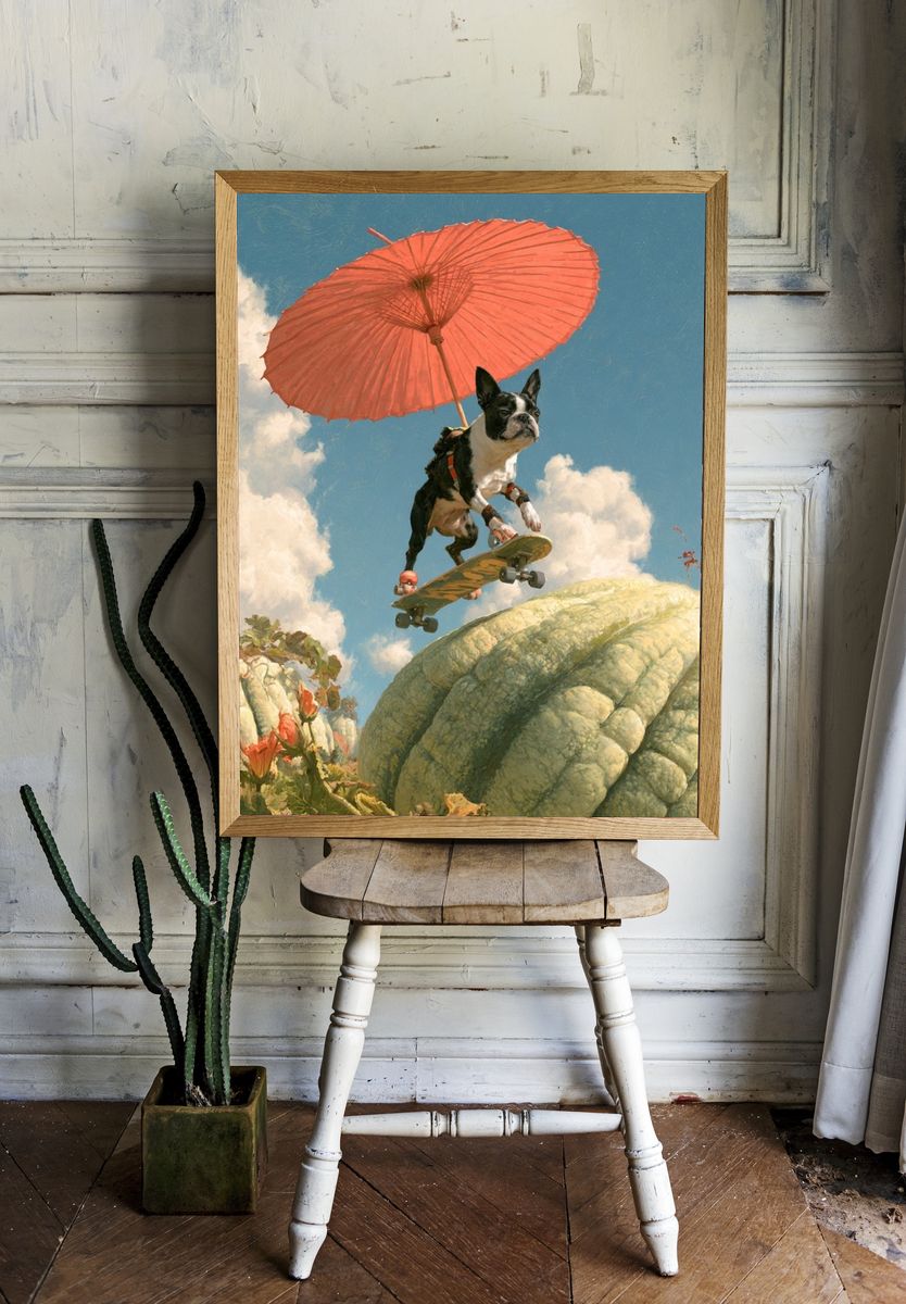 Skateboarding Bulldog Surreal Print. — room view 1