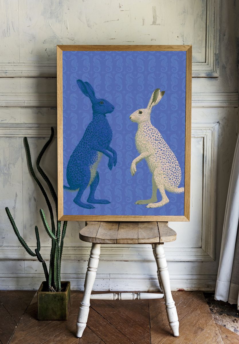 Blue and White Hares Illustration Poster. — room view 1