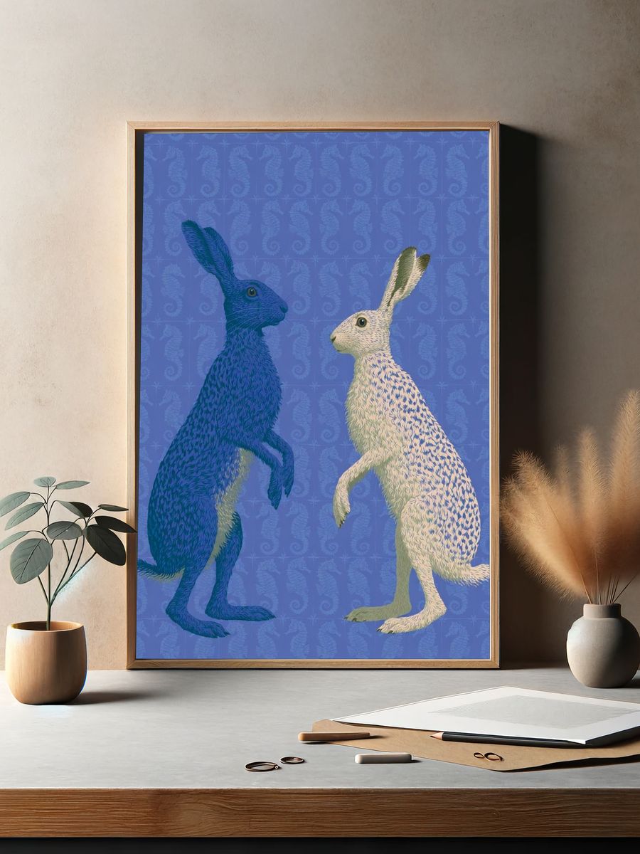 Blue and White Hares Illustration Poster. — room view 2