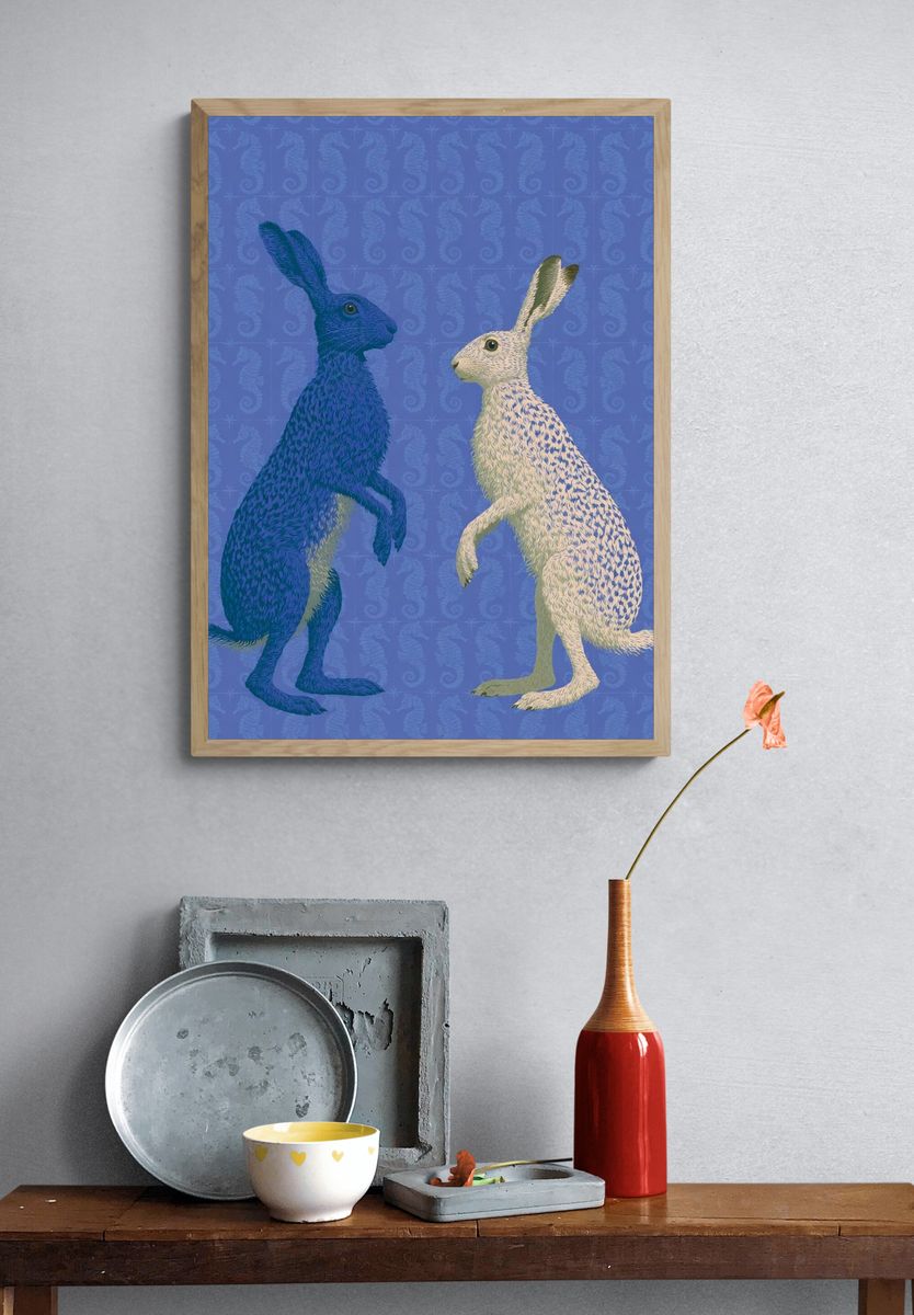 Blue and White Hares Illustration Poster. — room view 3