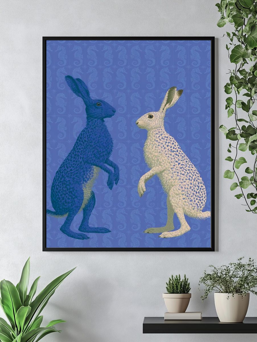 Blue and White Hares Illustration Poster. — room view 4
