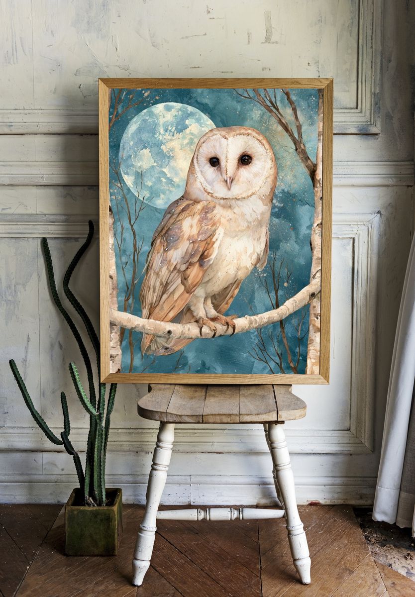 Moonlit Owl Watercolor Poster. — room view 1