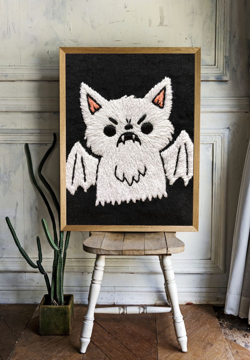 Cute Bat Cat Embroidery Print. — room view 1
