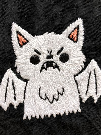 Cute Bat Cat Embroidery Print.