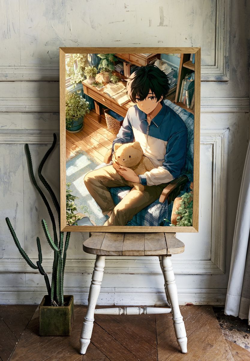 Sunlit Anime Boy with Teddy Poster. room preview