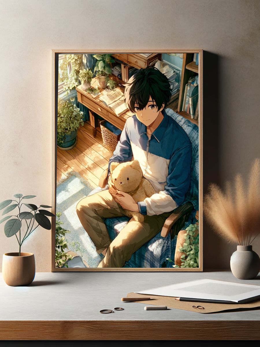 Sunlit Anime Boy with Teddy Poster. — room view 2