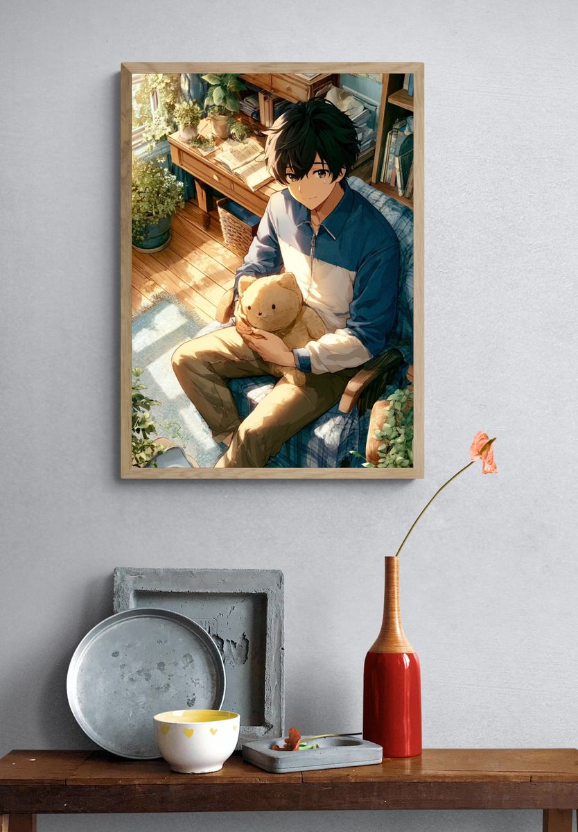 Sunlit Anime Boy with Teddy Poster. — room view 3
