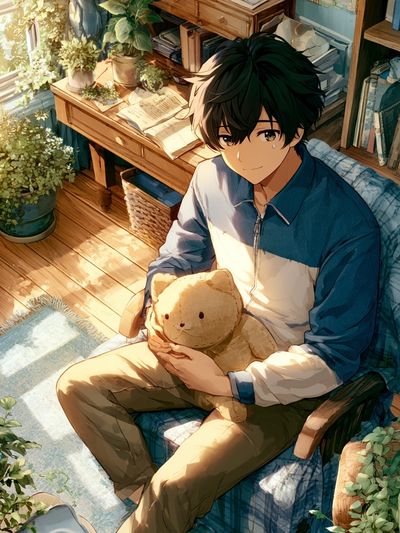 Sunlit Anime Boy with Teddy Poster.