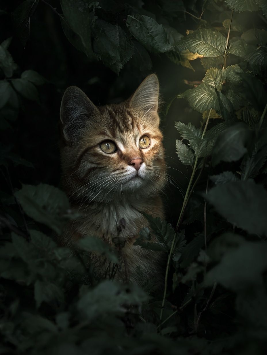 Curious Tabby in Foliage Poster. poster — animals art