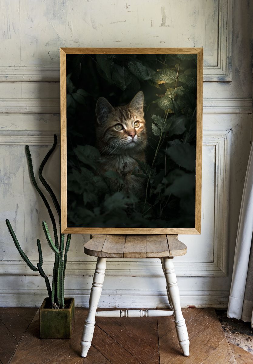 Curious Tabby in Foliage Poster. — room view 1
