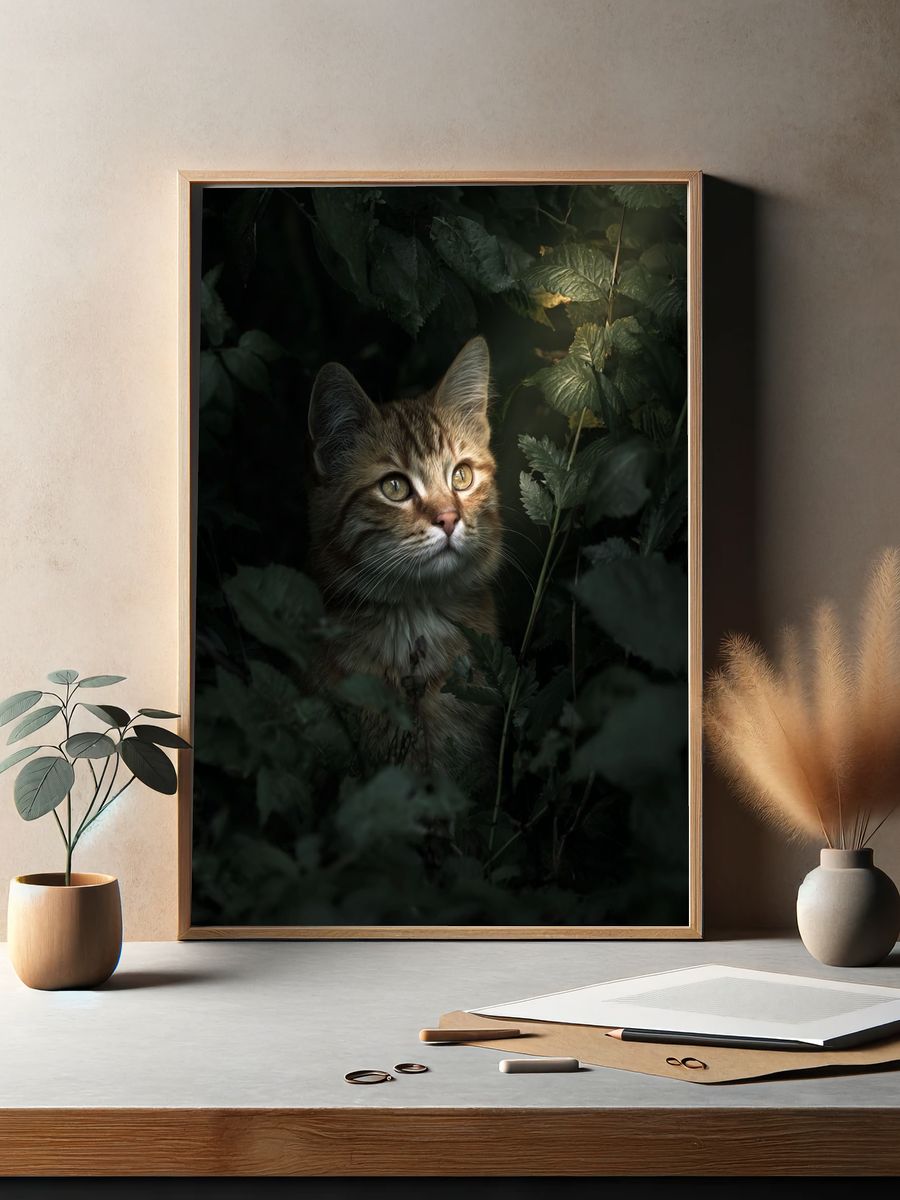 Curious Tabby in Foliage Poster. — room view 2