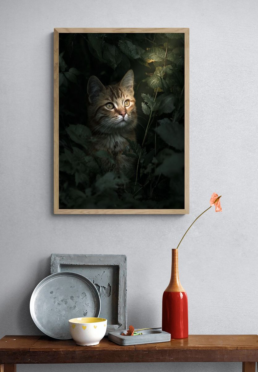 Curious Tabby in Foliage Poster. — room view 3