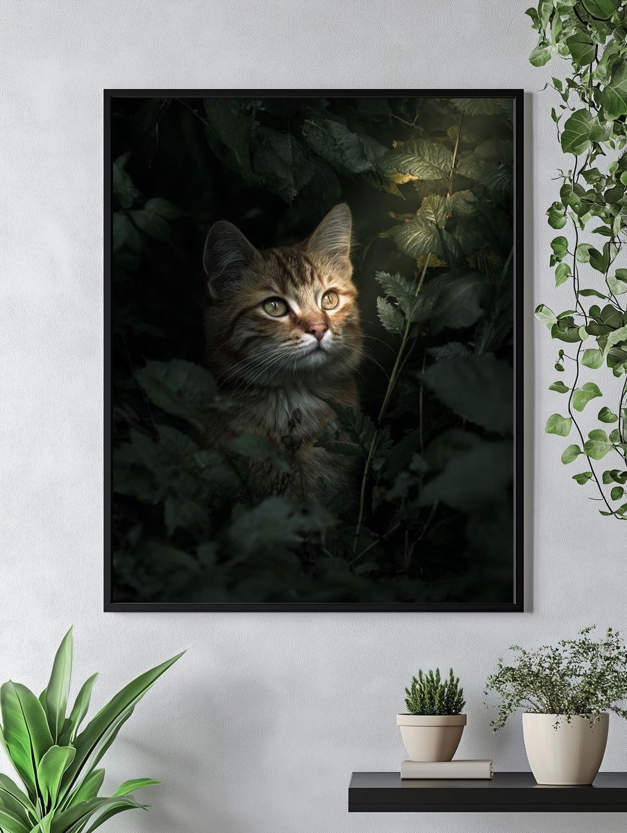 Curious Tabby in Foliage Poster. — room view 4