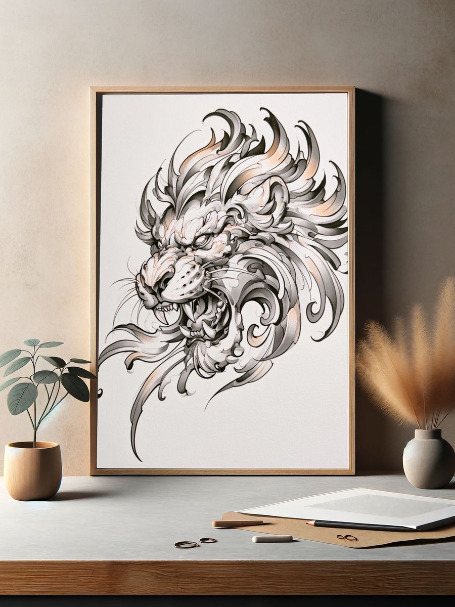 Roaring Lion Ink Illustration Poster. — room view 2
