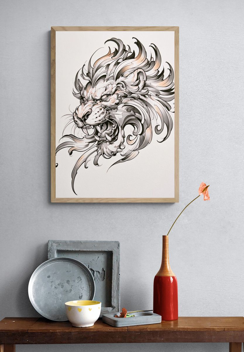 Roaring Lion Ink Illustration Poster. — room view 3