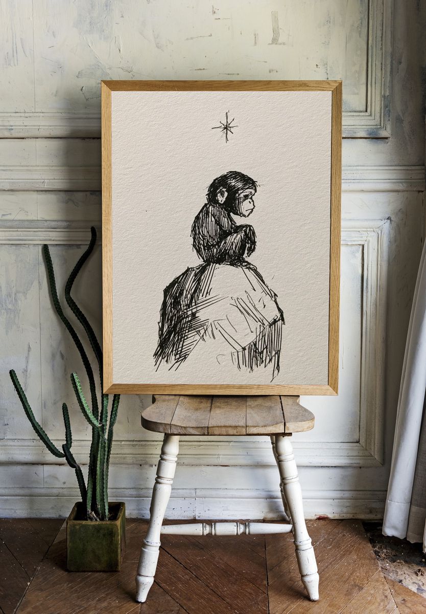 Monkey on Rock Ink Print. room preview