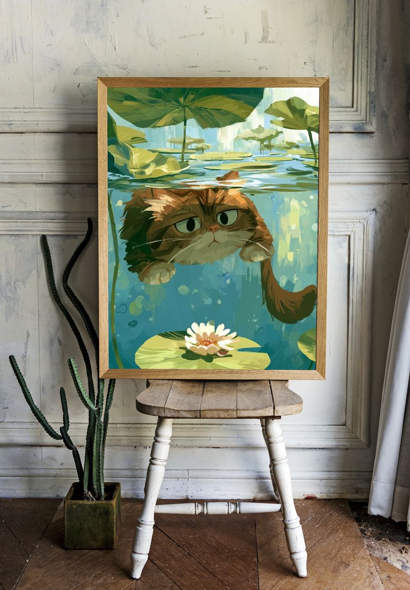 Cat in Lily Pond Illustration Poster. room preview