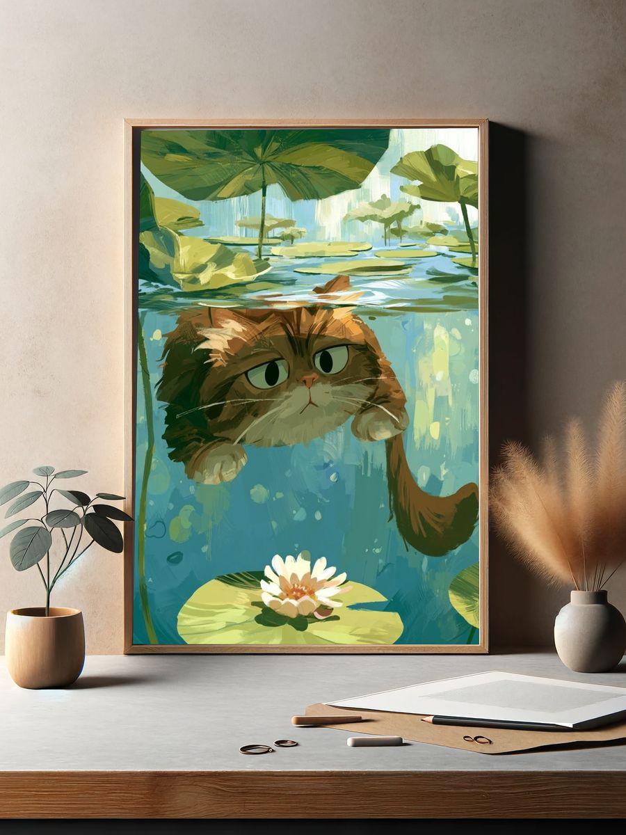 Cat in Lily Pond Illustration Poster. — room view 2