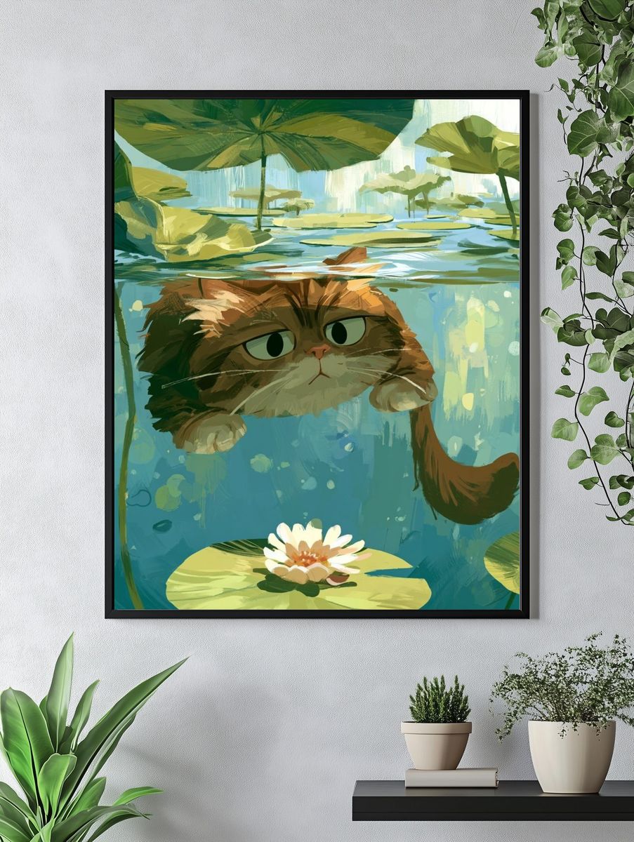 Cat in Lily Pond Illustration Poster. — room view 4