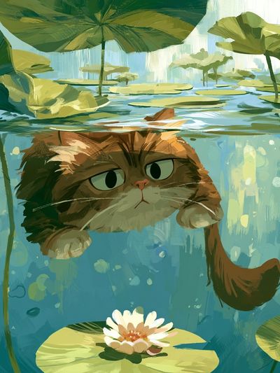 Cat in Lily Pond Illustration Poster. poster