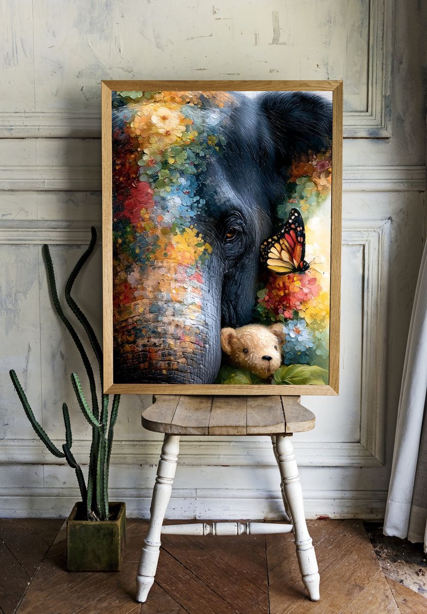 Colorful Elephant and Butterfly Poster. room preview