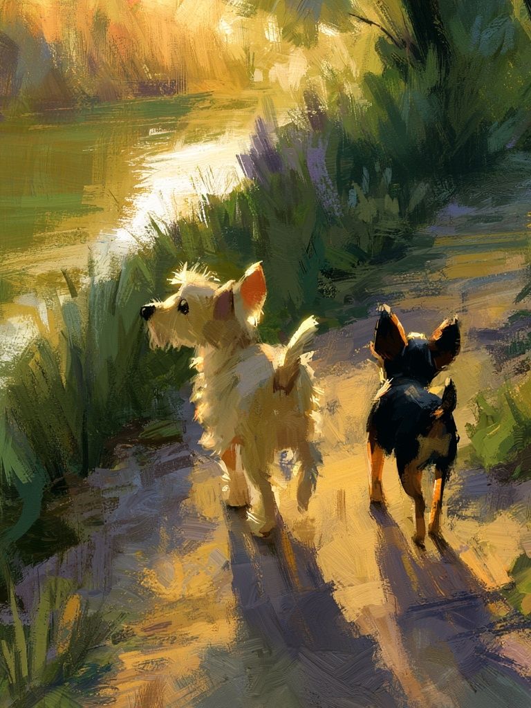 Dogs on Sunlit Path Illustration Poster. poster — animals art