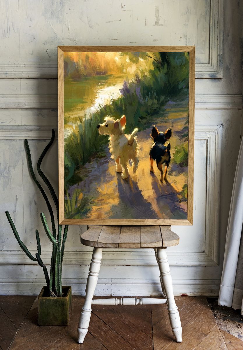 Dogs on Sunlit Path Illustration Poster. — room view 1